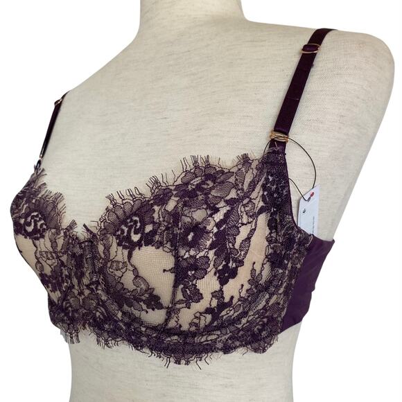 NEW SKARLETT BLUE Sheer Lace Balconette Bra Purple Size 36B Adjustable - Picture 2 of 6